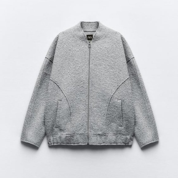 NWT ZARA OVERSIZED BOUCLE BOMBER LIGHT GRAY - Picture 8 of 8